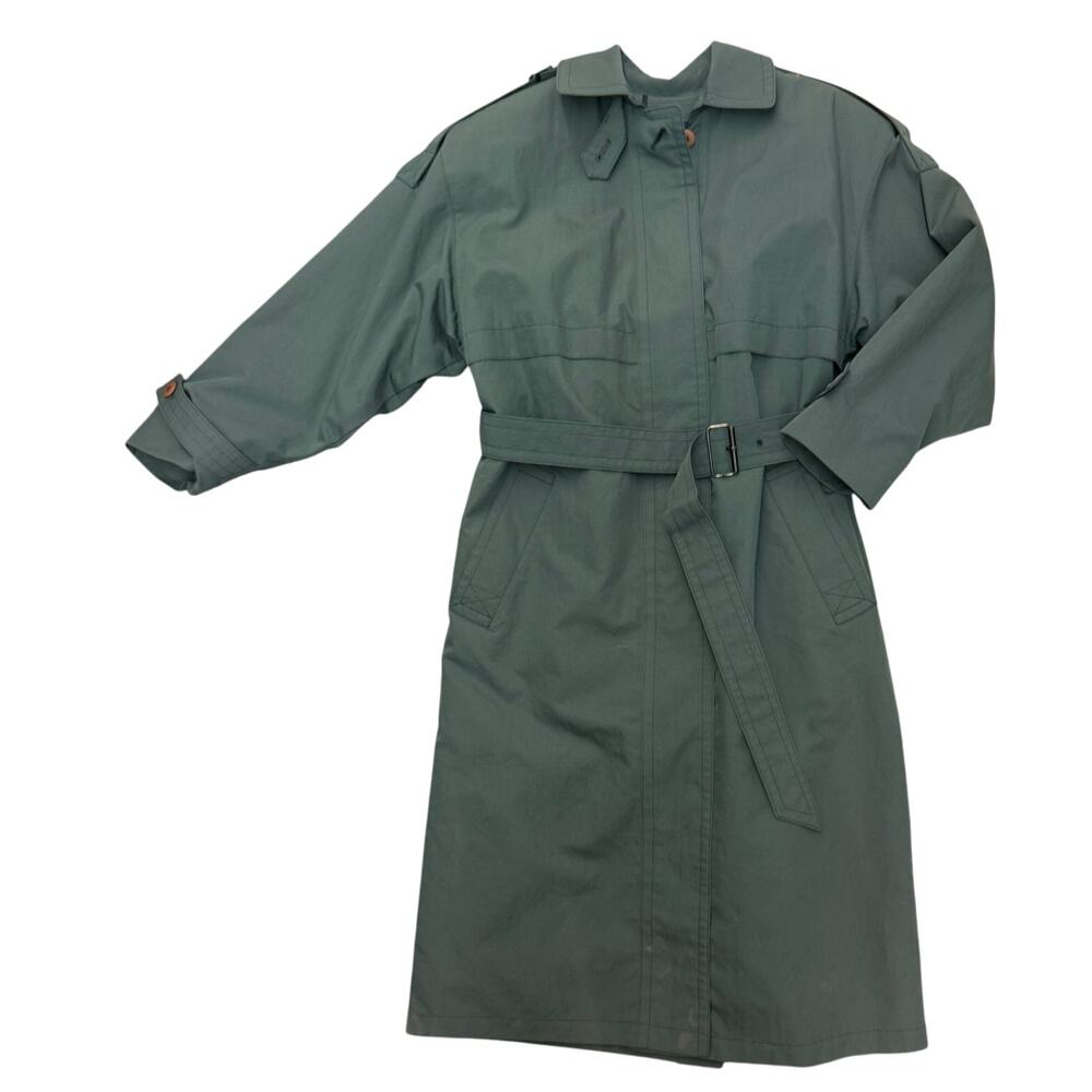 VTG 1970s London Fog SZ 2 Petit Maincoats Green Trench Coat Zip out liner Belt - Picture 1 of 8